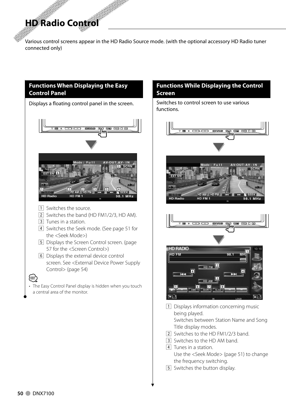 Hd radio control, Functions when displaying the easy control panel, Functions while displaying the control screen | Displays a floating control panel in the screen | Kenwood DNX710EX User Manual | Page 50 / 100