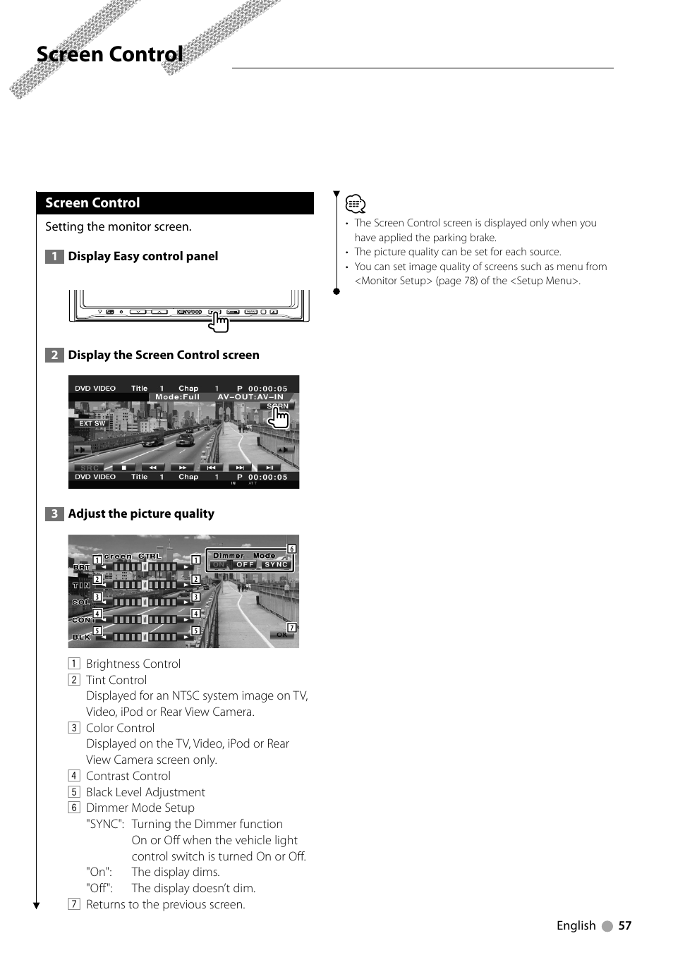 Screen control | Kenwood DNX710EX User Manual | Page 57 / 100