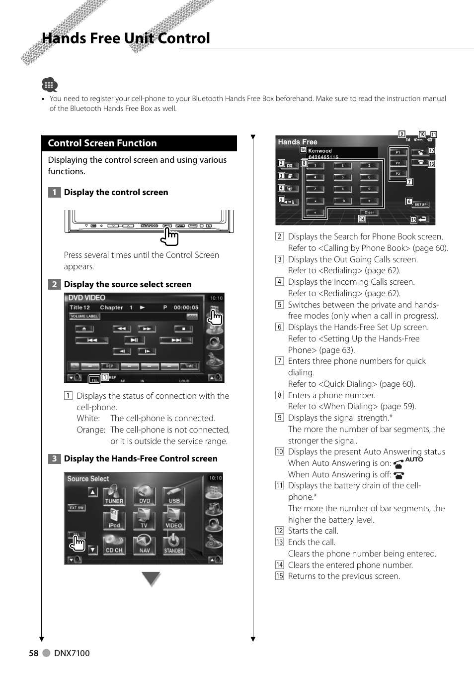 Hands free unit control, Control screen function | Kenwood DNX710EX User Manual | Page 58 / 100