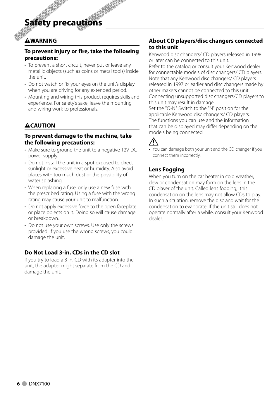 Safety precautions | Kenwood DNX710EX User Manual | Page 6 / 100