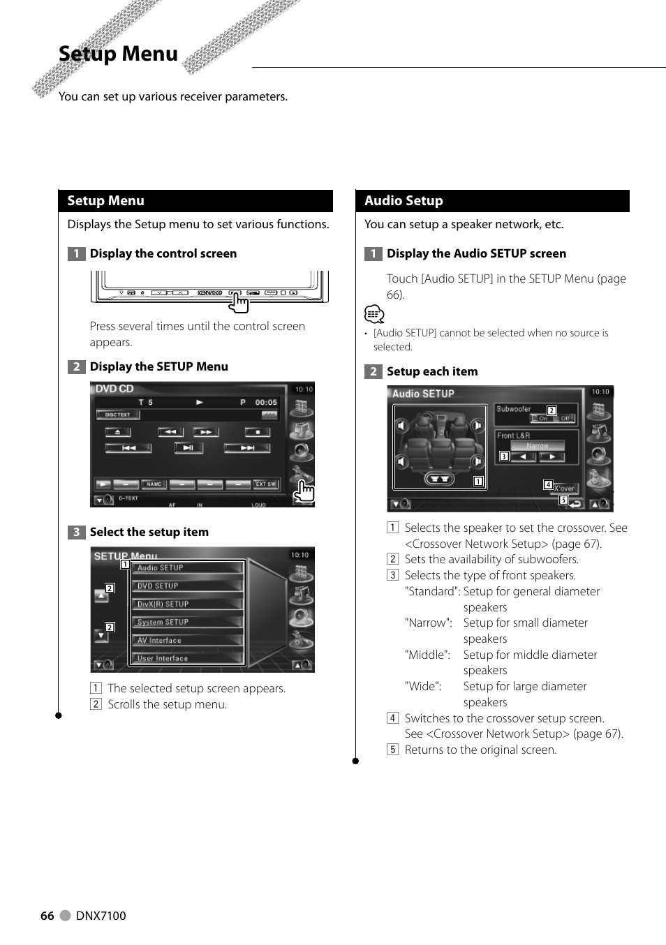 Setup menu | Kenwood DNX710EX User Manual | Page 66 / 100