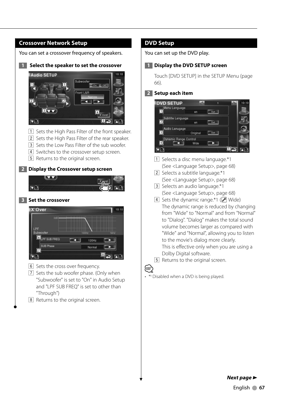 Crossover network setup, Dvd setup | Kenwood DNX710EX User Manual | Page 67 / 100