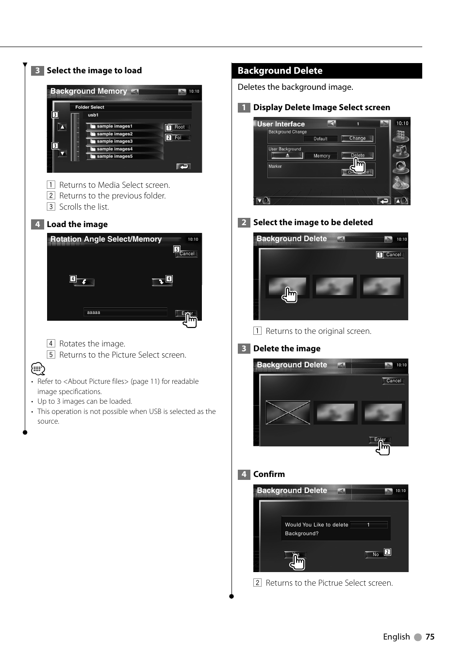 Background delete, English 75 3 select the image to load, 4confirm | 2 returns to the pictrue select screen | Kenwood DNX710EX User Manual | Page 75 / 100