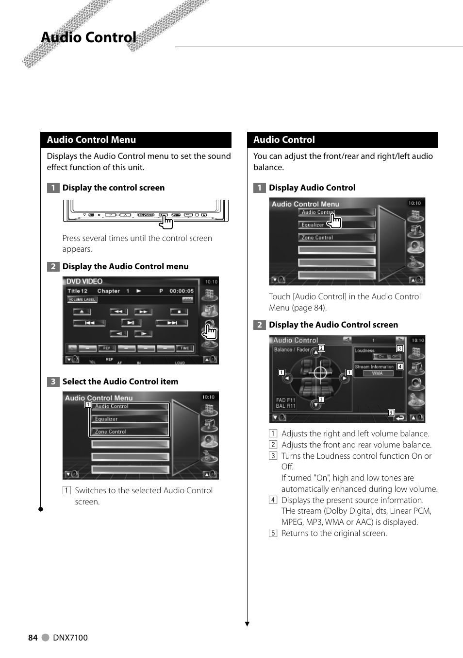 Audio control, Audio control menu | Kenwood DNX710EX User Manual | Page 84 / 100