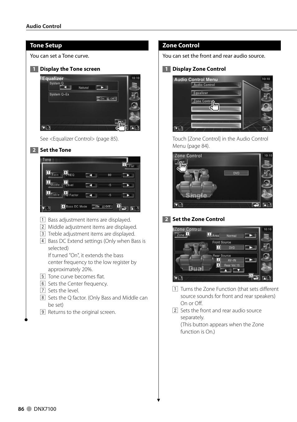 Tone setup, Zone control | Kenwood DNX710EX User Manual | Page 86 / 100