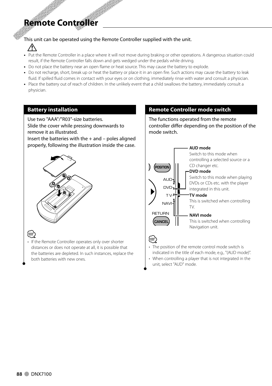 Remote controller, Battery installation, Remote controller mode switch | Kenwood DNX710EX User Manual | Page 88 / 100