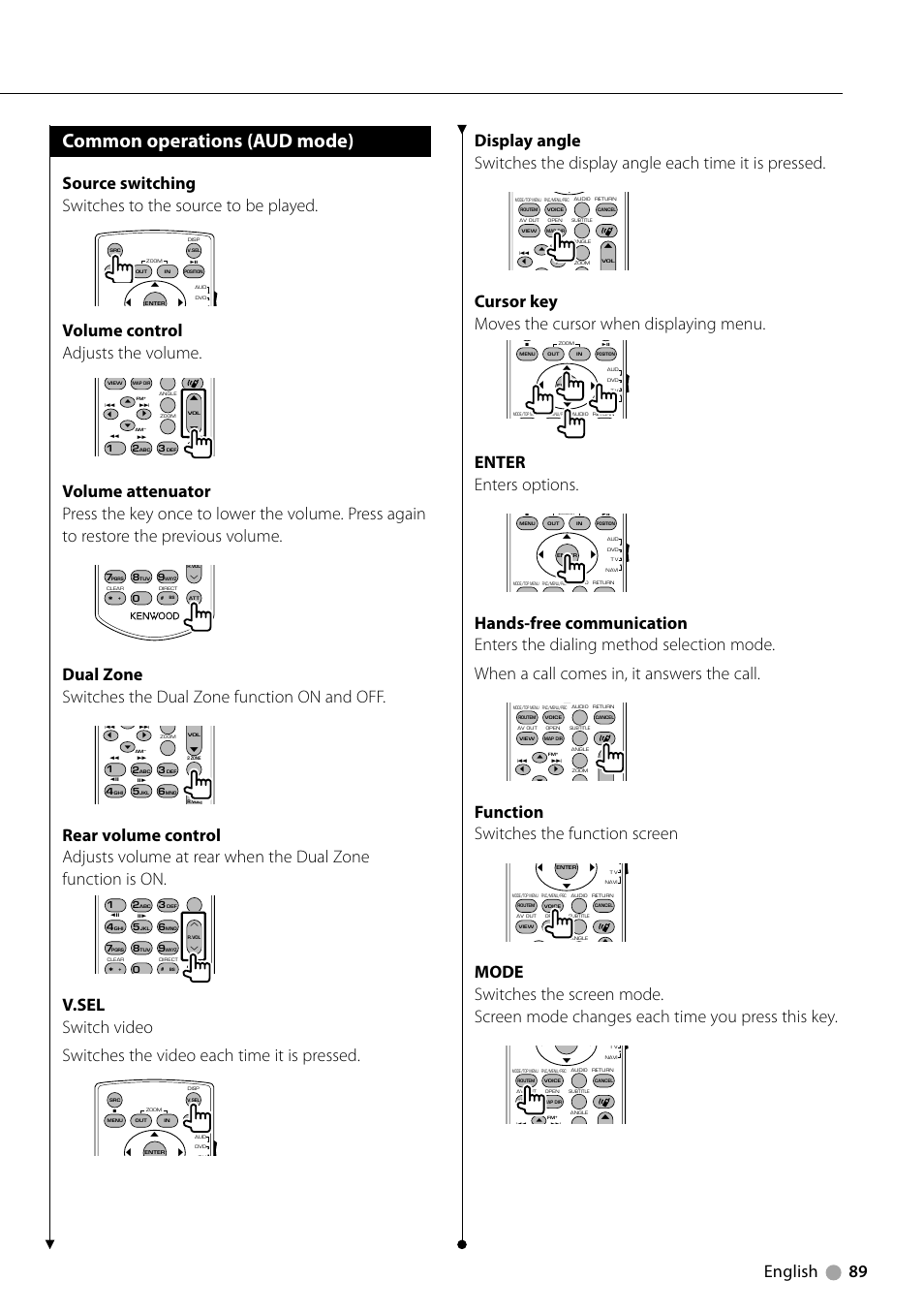 Common operations (aud mode), English 89, Volume control adjusts the volume | Cursor key moves the cursor when displaying menu, Enter enters options, Function switches the function screen | Kenwood DNX710EX User Manual | Page 89 / 100
