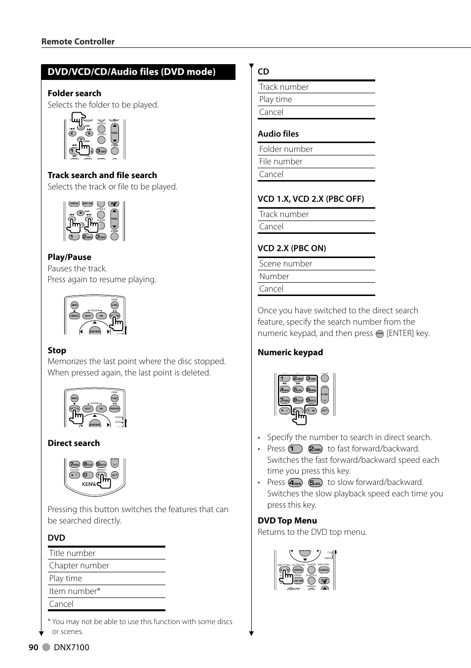 Dvd/vcd/cd/audio files (dvd mode), Enter] key. numeric keypad, Folder search selects the folder to be played | Direct search, Remote controller | Kenwood DNX710EX User Manual | Page 90 / 100