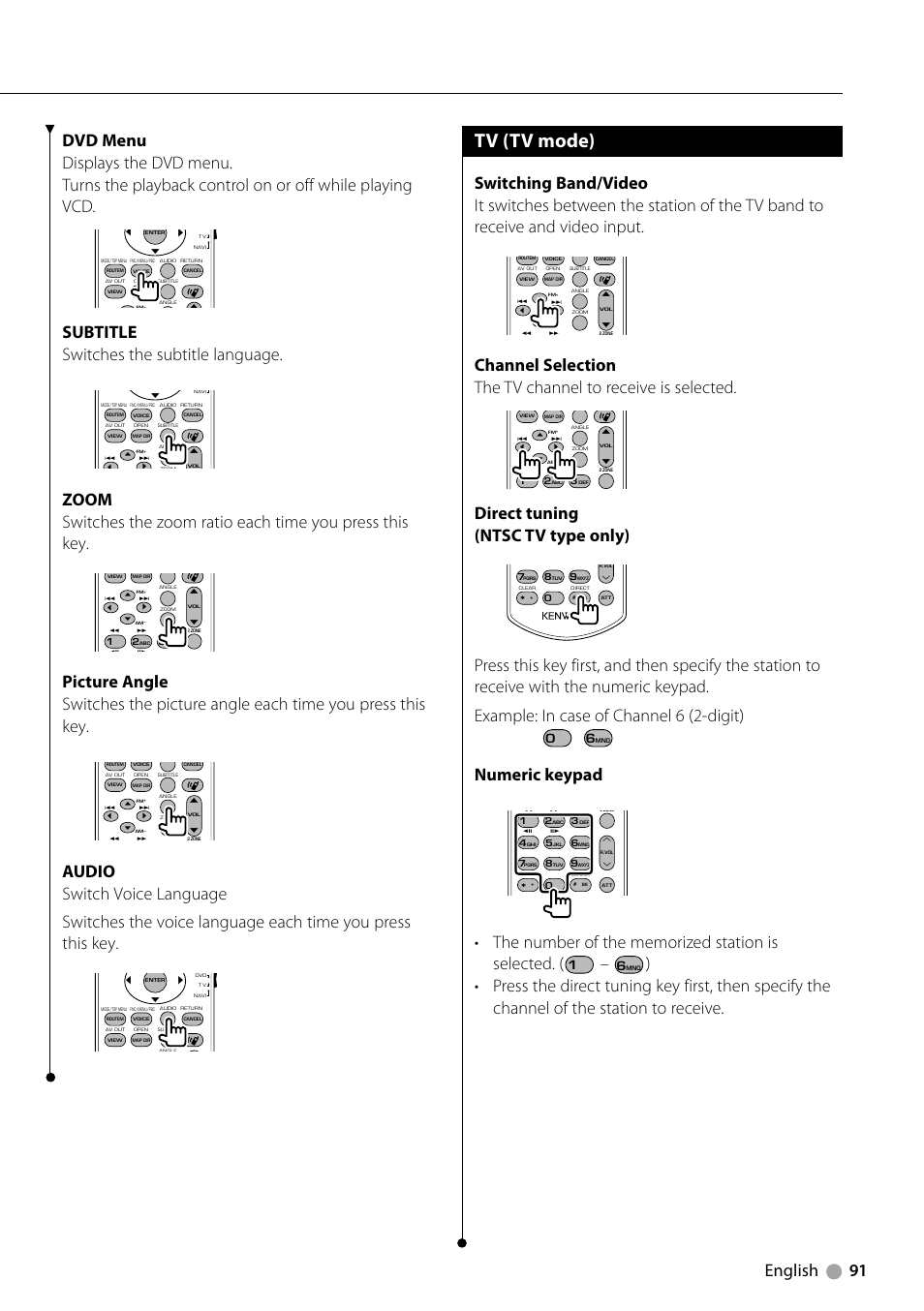 Tv (tv mode), Subtitle switches the subtitle language, Direct tuning (ntsc tv type only) | Numeric keypad | Kenwood DNX710EX User Manual | Page 91 / 100