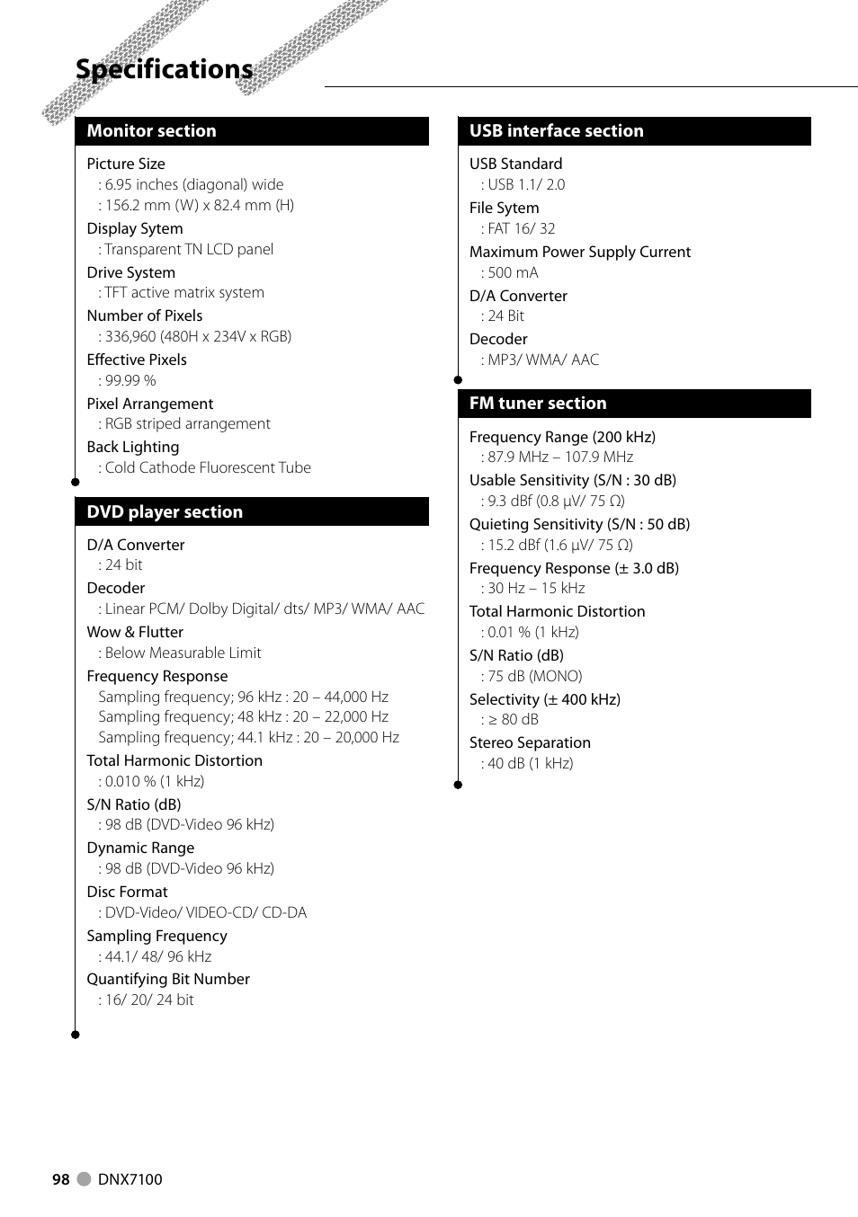 Specifications | Kenwood DNX710EX User Manual | Page 98 / 100