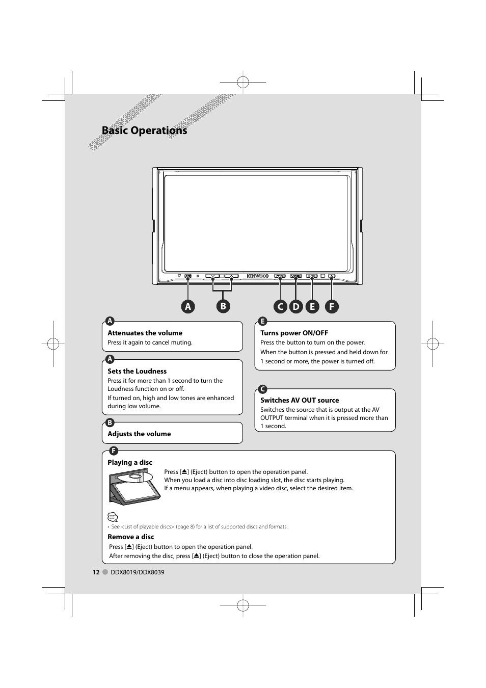 Basic operations | Kenwood DDX8039 User Manual | Page 12 / 104