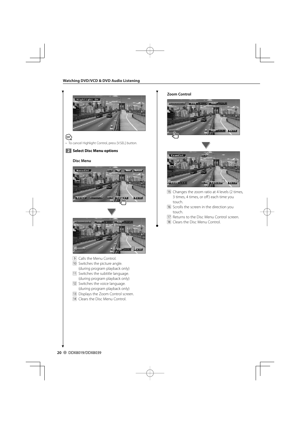 2select disc menu options disc menu | Kenwood DDX8039 User Manual | Page 20 / 104