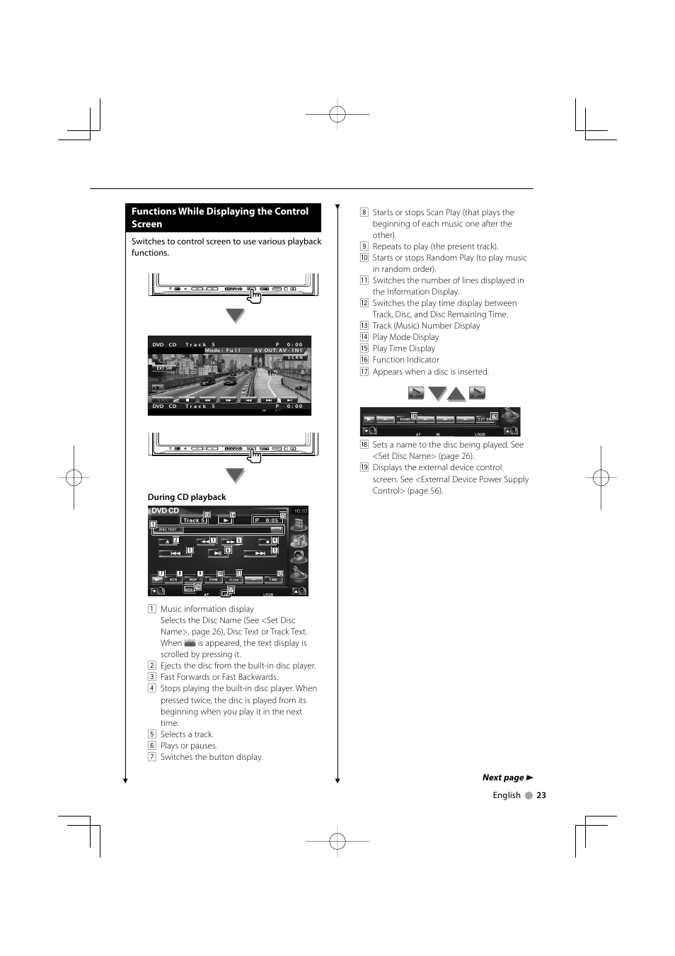 Functions while displaying the control screen, Next page 3 | Kenwood DDX8039 User Manual | Page 23 / 104