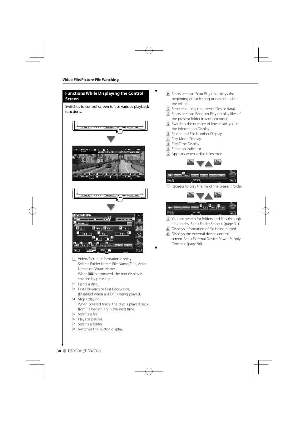 Functions while displaying the control screen | Kenwood DDX8039 User Manual | Page 30 / 104