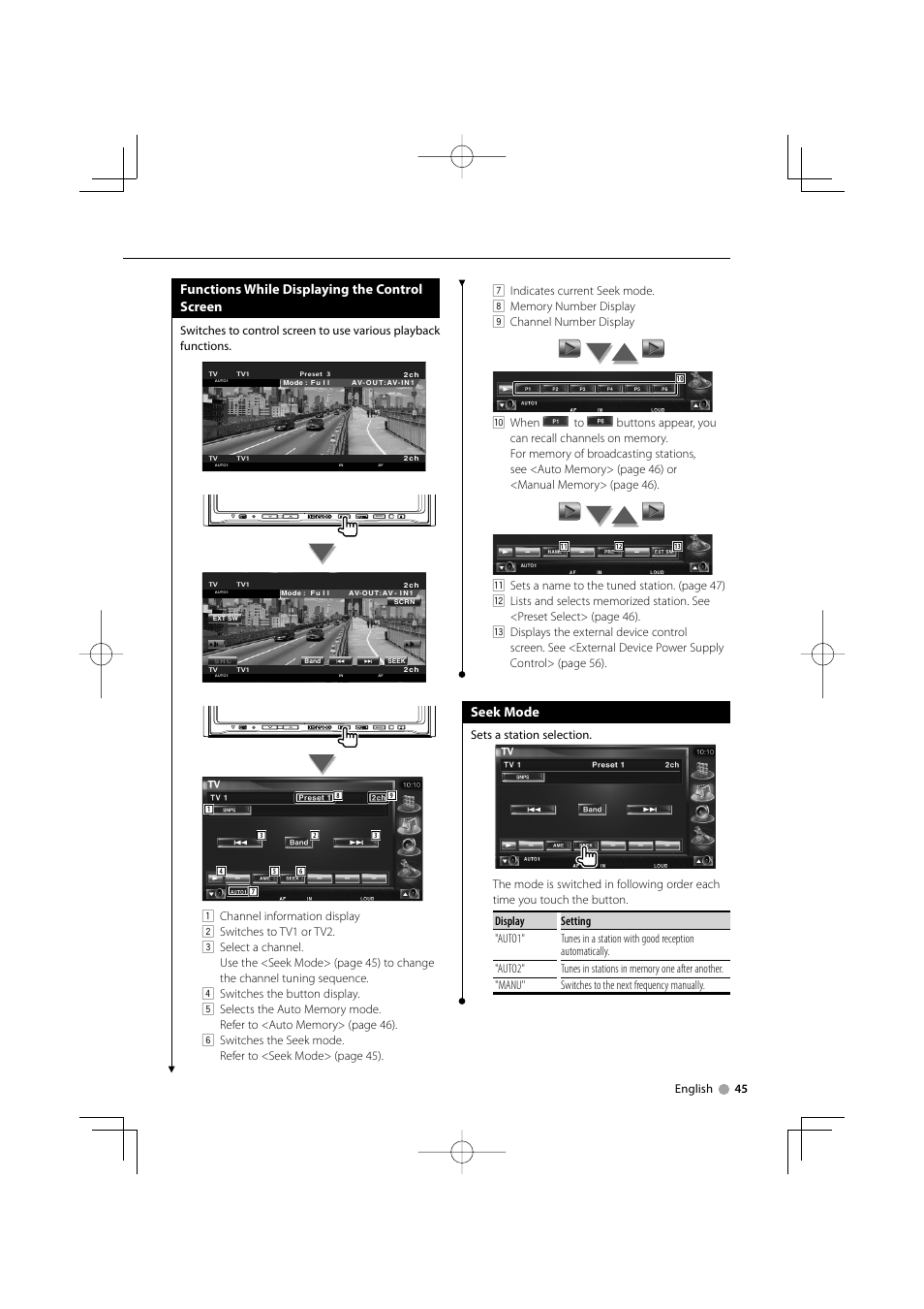 Functions while displaying the control screen, Seek mode, English 45 | Sets a station selection | Kenwood DDX8039 User Manual | Page 45 / 104