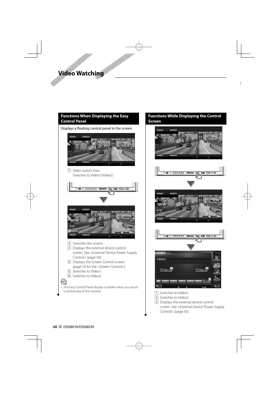 Video watching, Functions when displaying the easy control panel, Functions while displaying the control screen | Displays a floating control panel in the screen, 1 video switch area switches to video1/video2 | Kenwood DDX8039 User Manual | Page 48 / 104