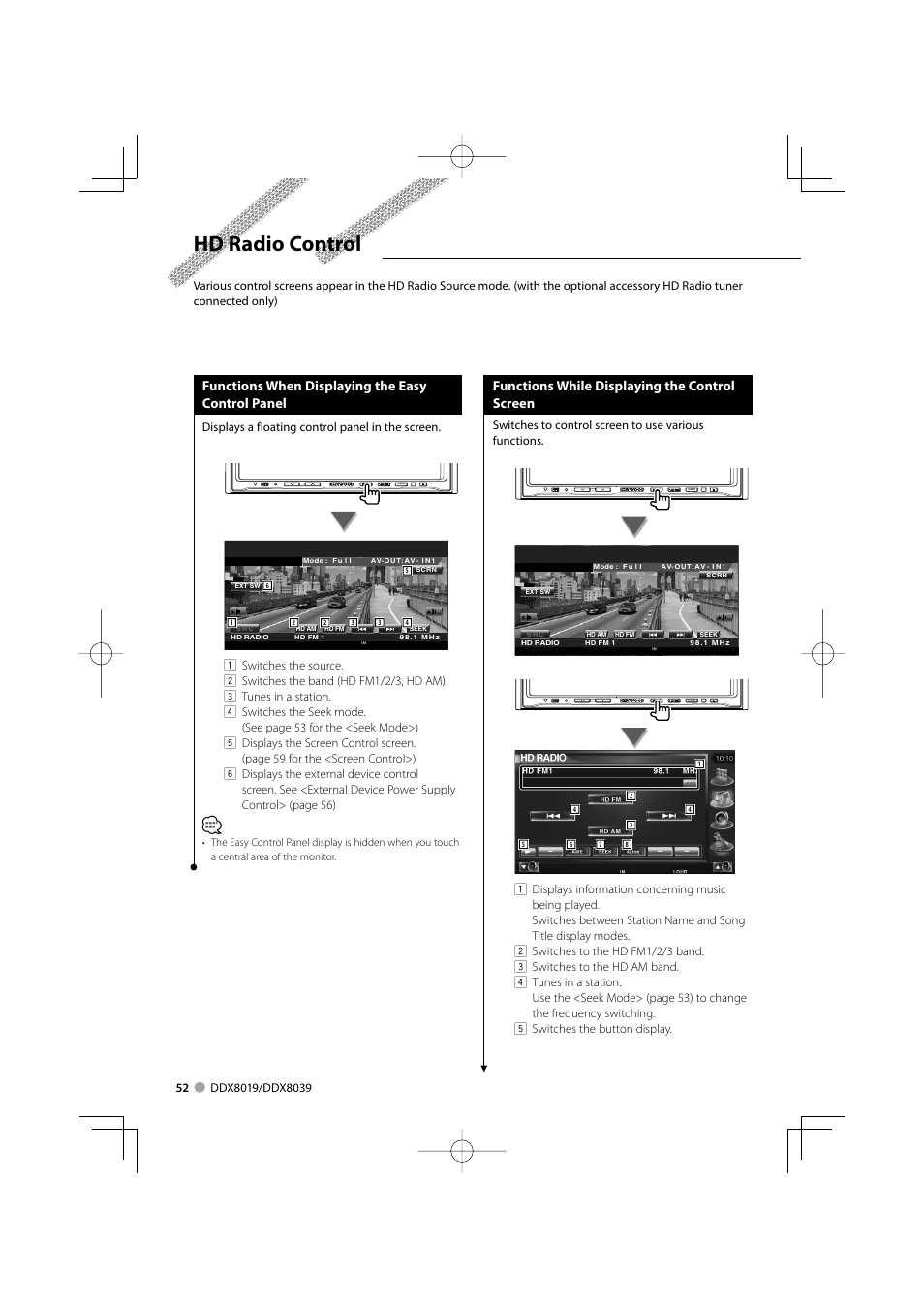 Hd radio control, Functions when displaying the easy control panel, Functions while displaying the control screen | Displays a floating control panel in the screen | Kenwood DDX8039 User Manual | Page 52 / 104