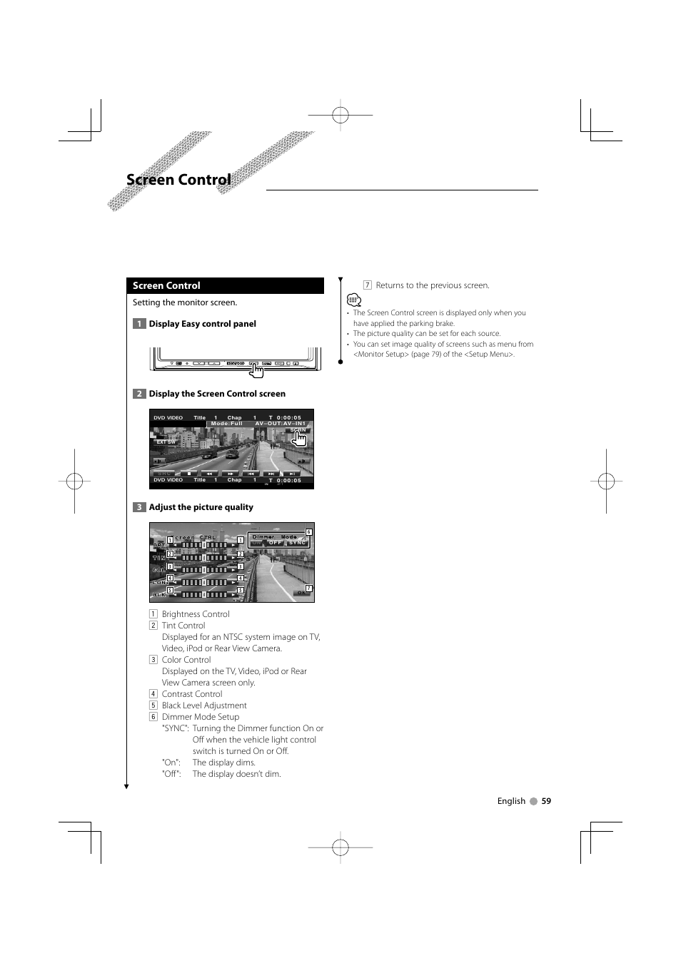 Screen control | Kenwood DDX8039 User Manual | Page 59 / 104