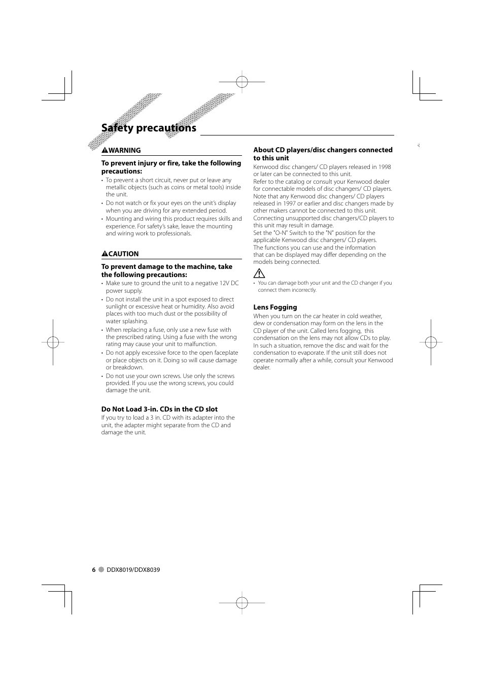 Safety precautions | Kenwood DDX8039 User Manual | Page 6 / 104