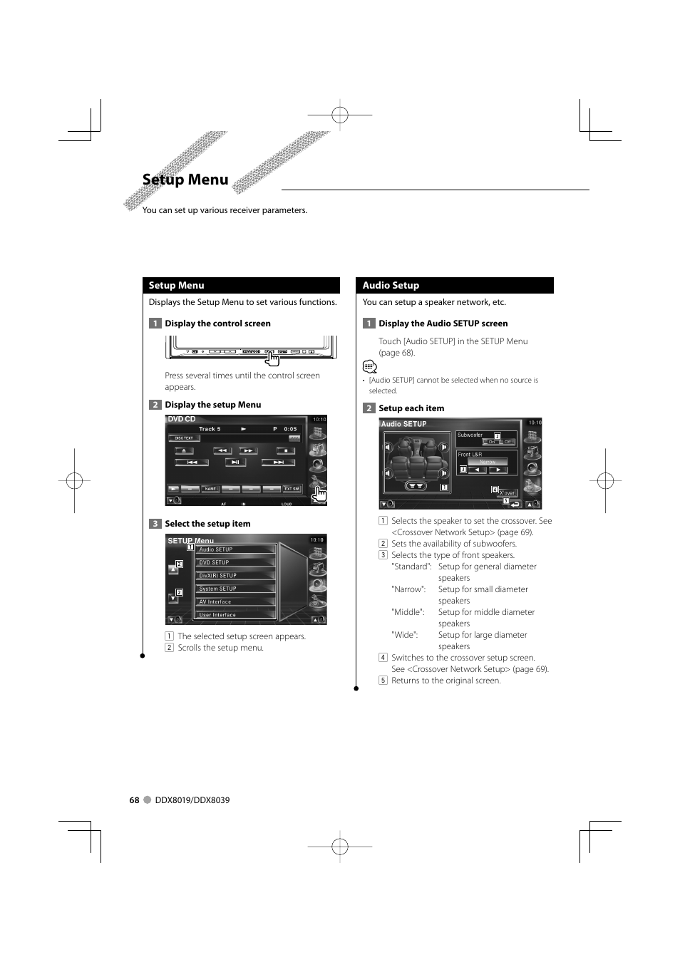 Setup menu | Kenwood DDX8039 User Manual | Page 68 / 104