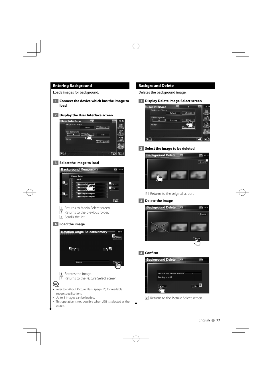 Entering background, Background delete | Kenwood DDX8039 User Manual | Page 77 / 104