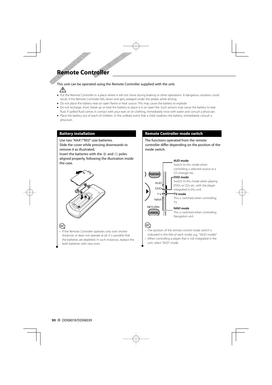 Remote controller | Kenwood DDX8039 User Manual | Page 90 / 104