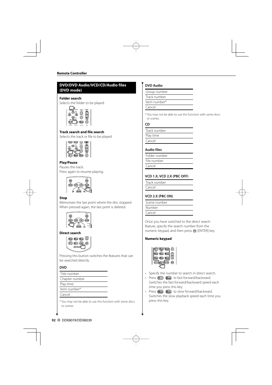 Dvd/dvd audio/vcd/cd/audio files (dvd mode), Enter] key. numeric keypad, Folder search selects the folder to be played | Direct search, Remote controller | Kenwood DDX8039 User Manual | Page 92 / 104