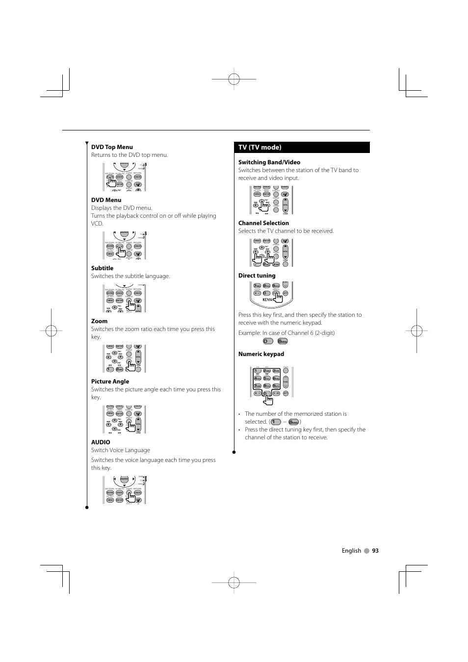 Tv (tv mode), Subtitle switches the subtitle language, Direct tuning | Numeric keypad | Kenwood DDX8039 User Manual | Page 93 / 104