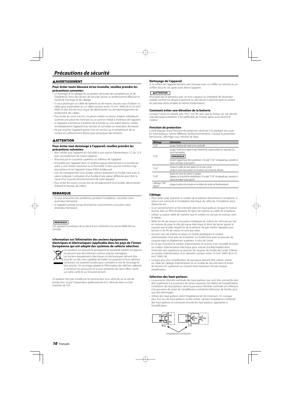 Précautions de sécurité | Kenwood eXcelon KAC-X1R User Manual | Page 10 / 24