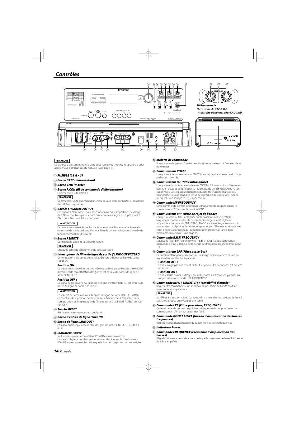 Contrôles, Français, 5 bornes speaker output | 6 borne remote, Position on, Position off, 8 touche reset, Indicateur power, Molette de commande, Commutateur phase | Kenwood eXcelon KAC-X1R User Manual | Page 14 / 24