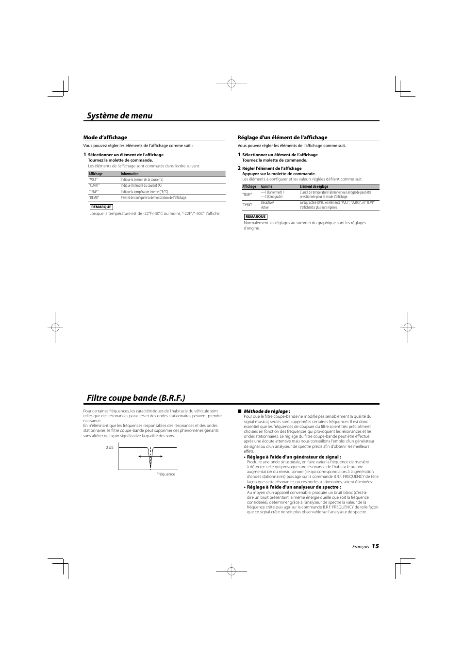 Filtre coupe bande (b.r.f.), Système de menu | Kenwood eXcelon KAC-X1R User Manual | Page 15 / 24
