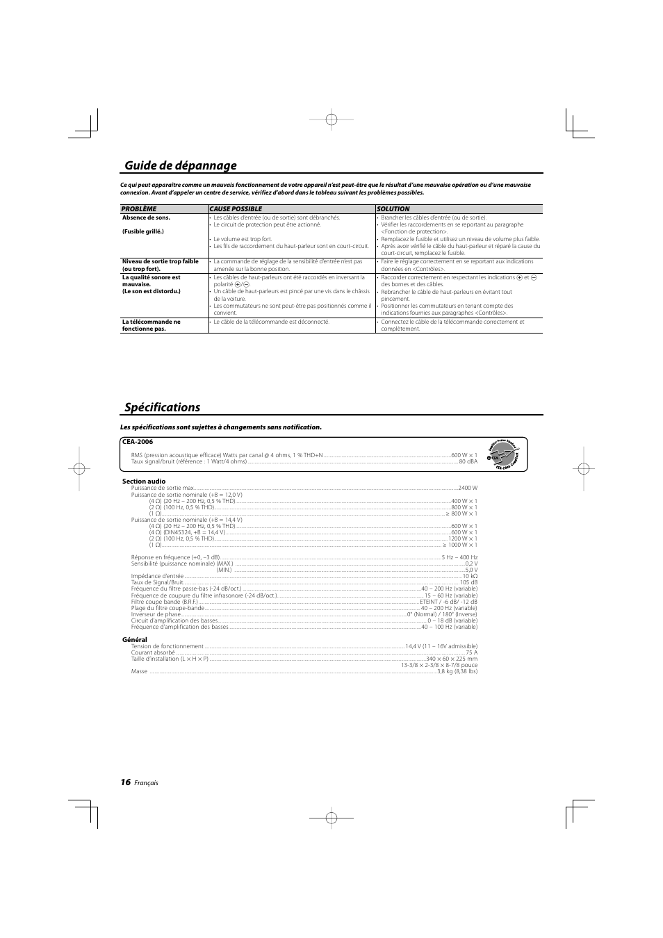Guide de dépannage spécifications | Kenwood eXcelon KAC-X1R User Manual | Page 16 / 24