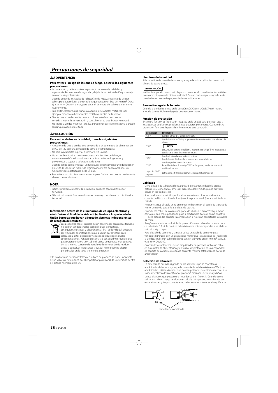 Precauciones de seguridad | Kenwood eXcelon KAC-X1R User Manual | Page 18 / 24