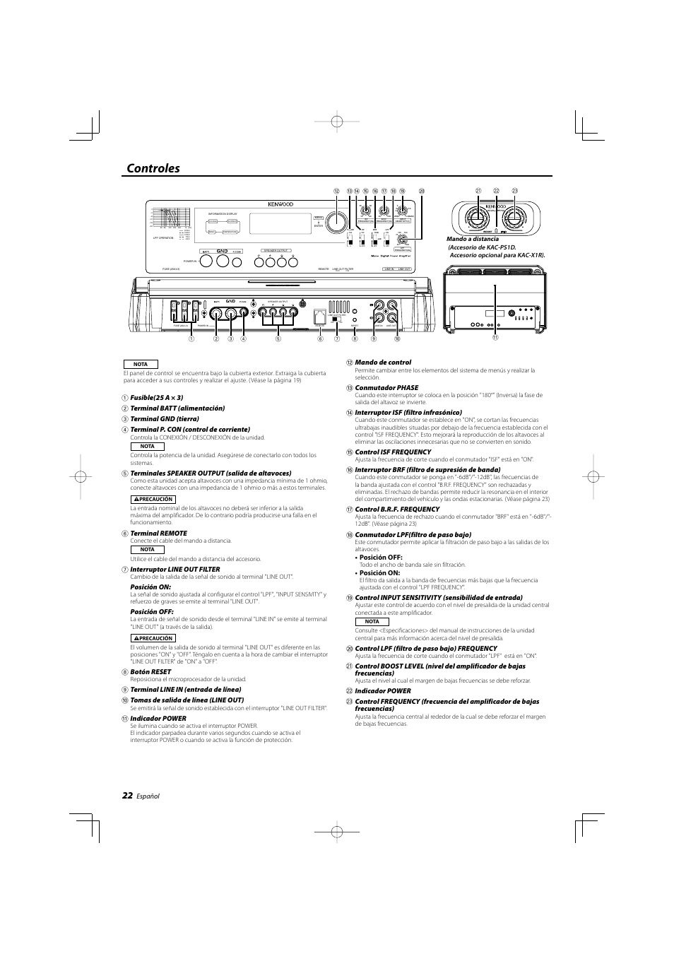 Controles, Español, 5 terminales speaker output (salida de altavoces) | 6 terminal remote, 7 interruptor line out filter, Posición on, Posición off, 8 botón reset, Indicador power, Mando de control | Kenwood eXcelon KAC-X1R User Manual | Page 22 / 24