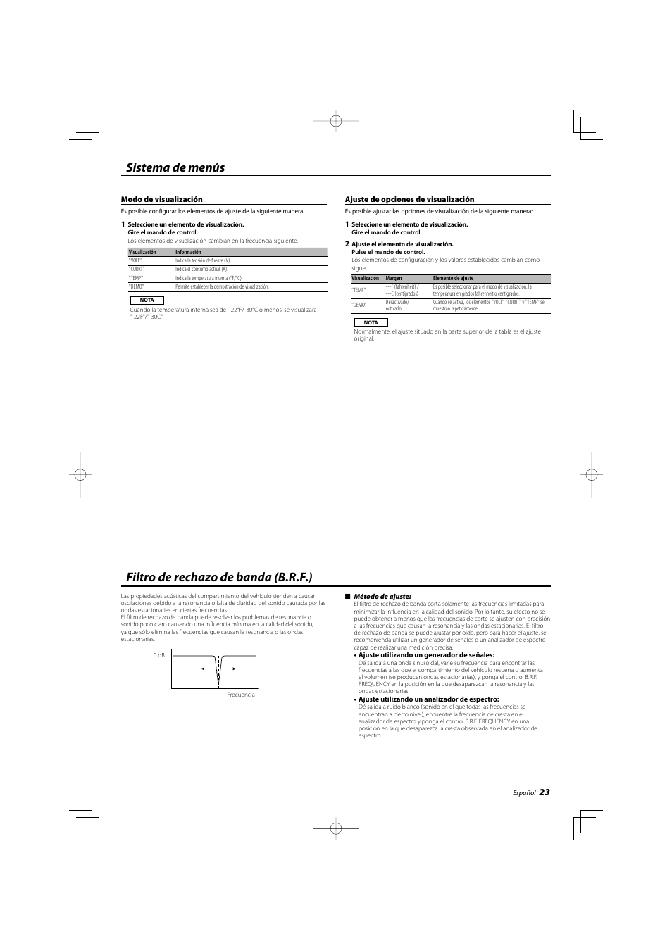 Filtro de rechazo de banda (b.r.f.), Sistema de menús | Kenwood eXcelon KAC-X1R User Manual | Page 23 / 24