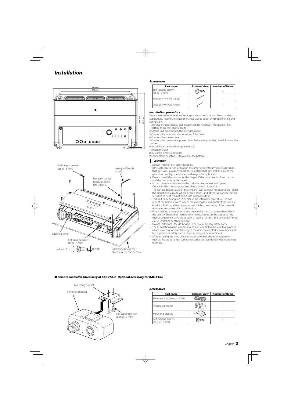 Installation | Kenwood eXcelon KAC-X1R User Manual | Page 3 / 24