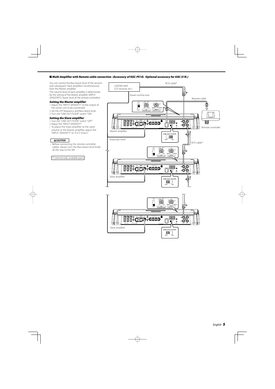 On off, English, Setting the master amplifier | Setting the slave amplifier | Kenwood eXcelon KAC-X1R User Manual | Page 5 / 24