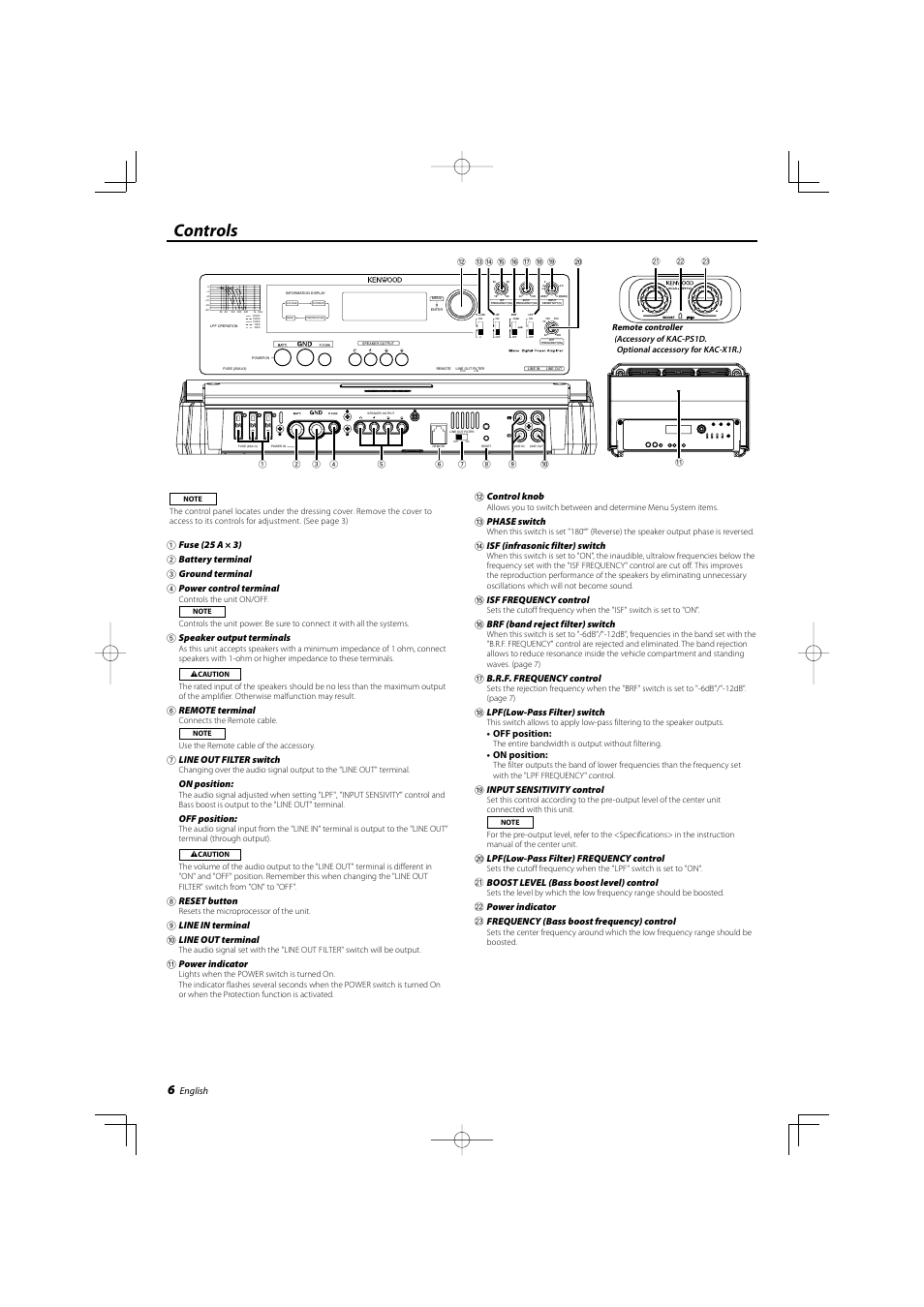 Controls, English, 5 speaker output terminals | 6 remote terminal, 7 line out filter switch, On position, Off position, 8 reset button, 9 line in terminal 0 line out terminal, Power indicator | Kenwood eXcelon KAC-X1R User Manual | Page 6 / 24