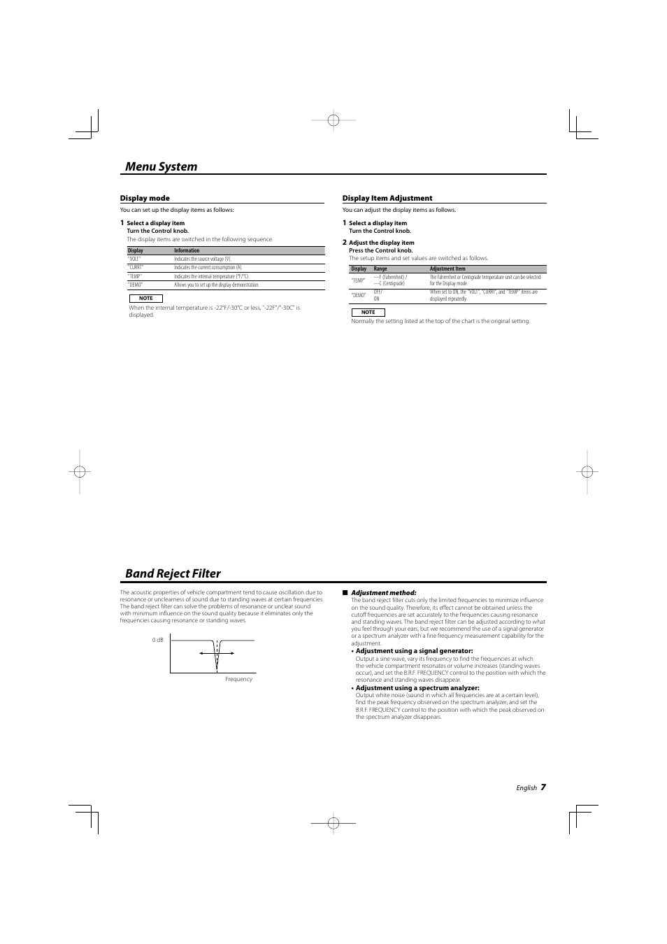 Band reject filter, Menu system | Kenwood eXcelon KAC-X1R User Manual | Page 7 / 24