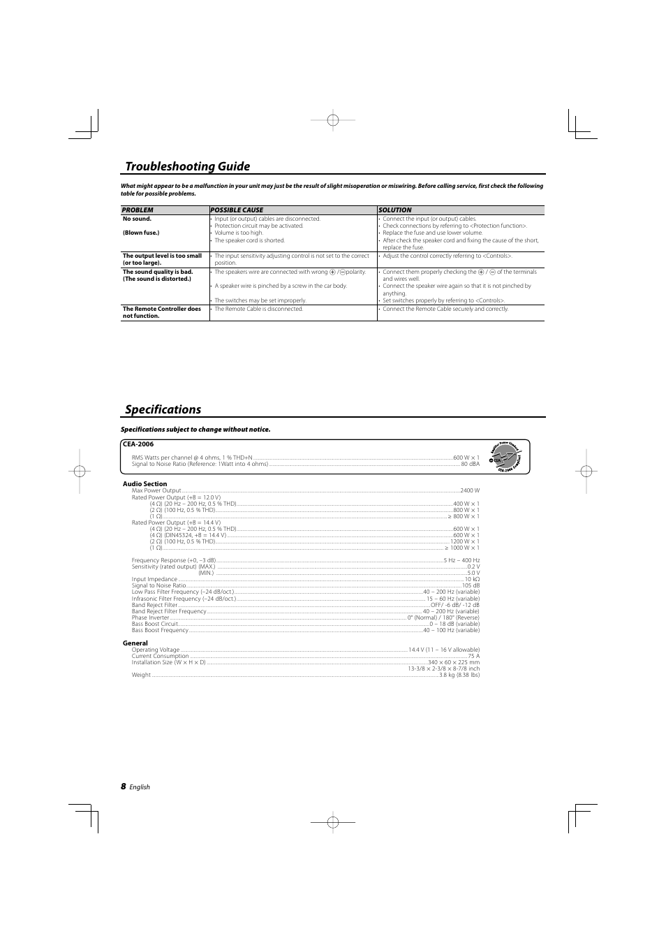 Troubleshooting guide specifications | Kenwood eXcelon KAC-X1R User Manual | Page 8 / 24