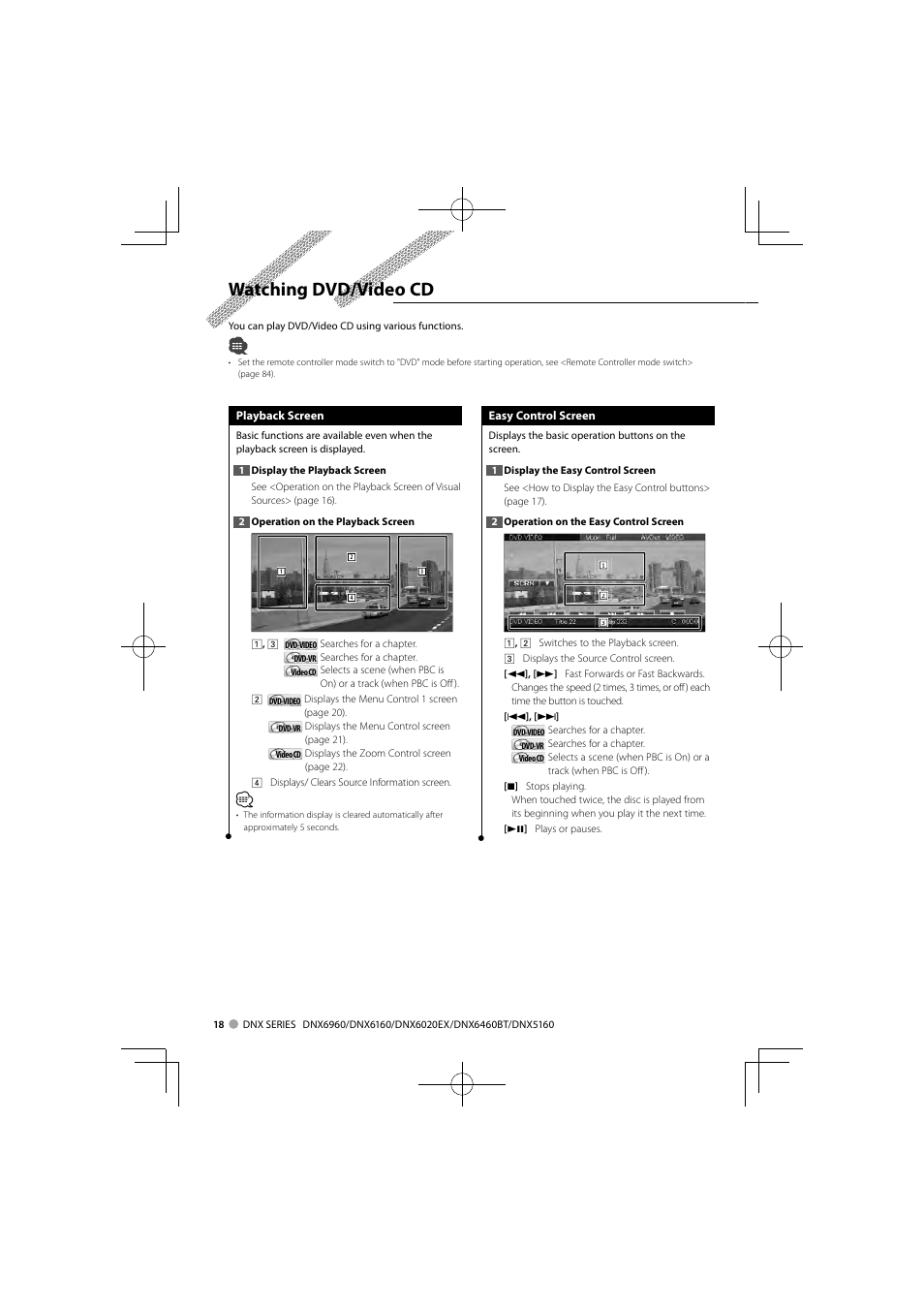 Watching dvd/video cd | Kenwood DNX6160 User Manual | Page 18 / 100