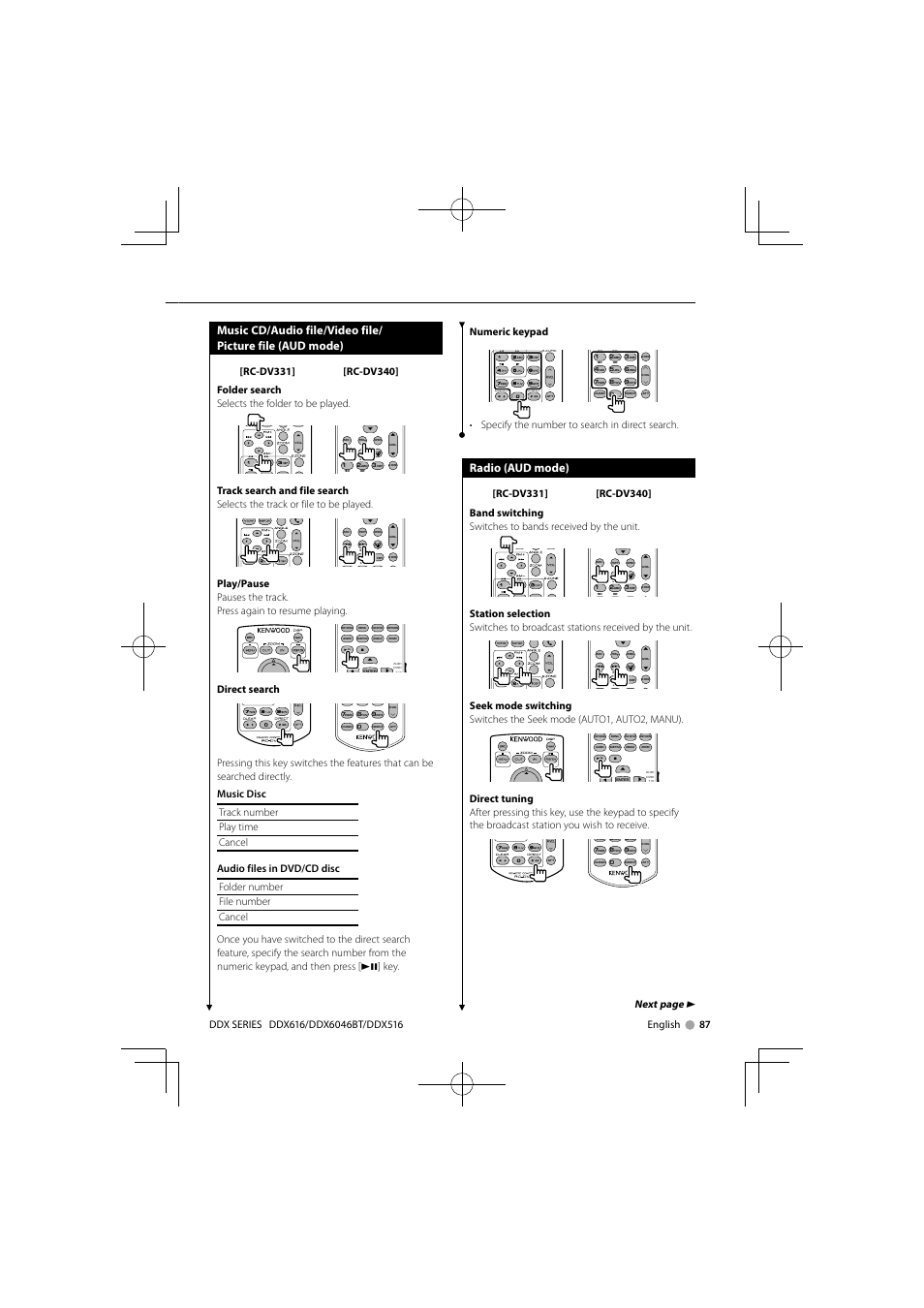 Radio (aud mode), Direct search, Specify the number to search in direct search | Next page 3 | Kenwood DNX6160 User Manual | Page 87 / 100