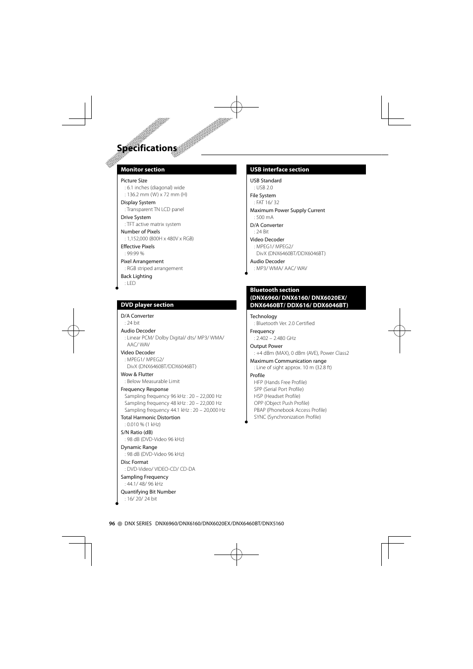 Specifications | Kenwood DNX6160 User Manual | Page 96 / 100