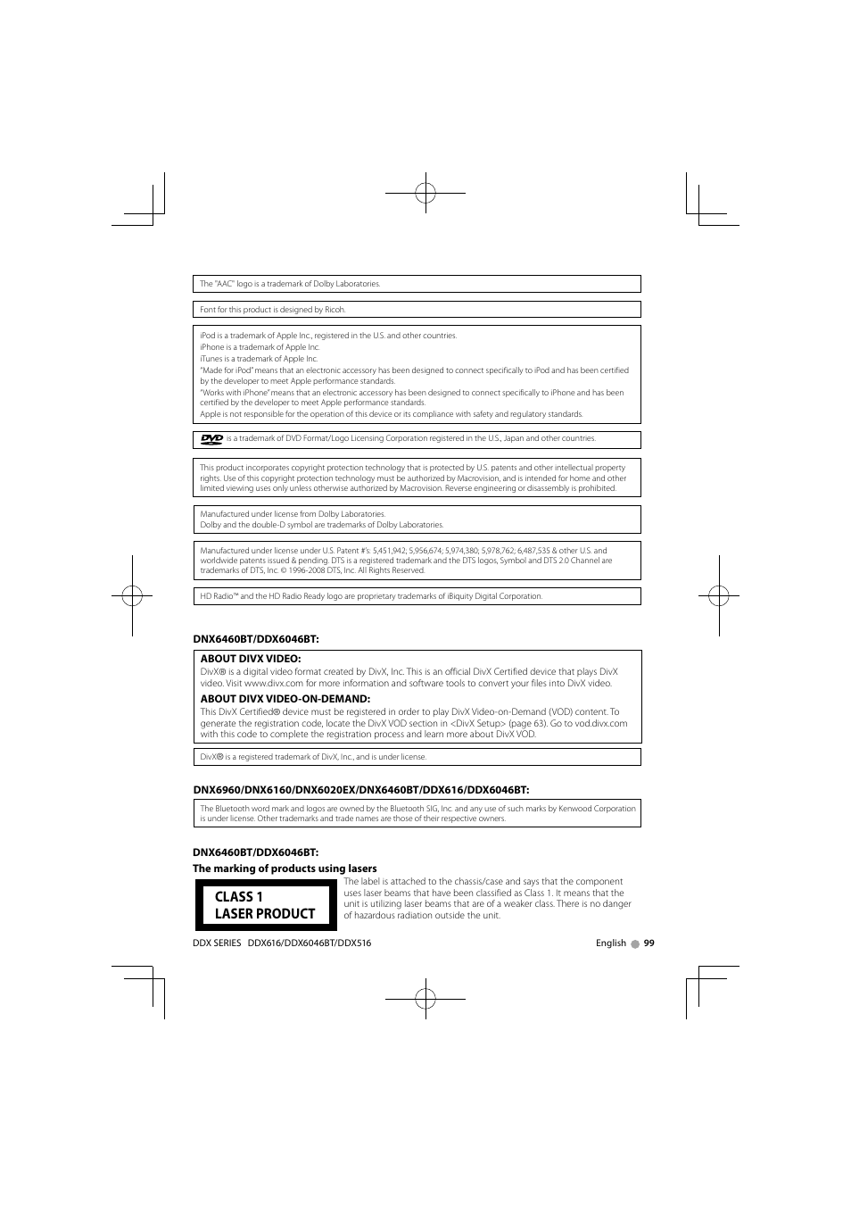 Class 1 laser product | Kenwood DNX6160 User Manual | Page 99 / 100