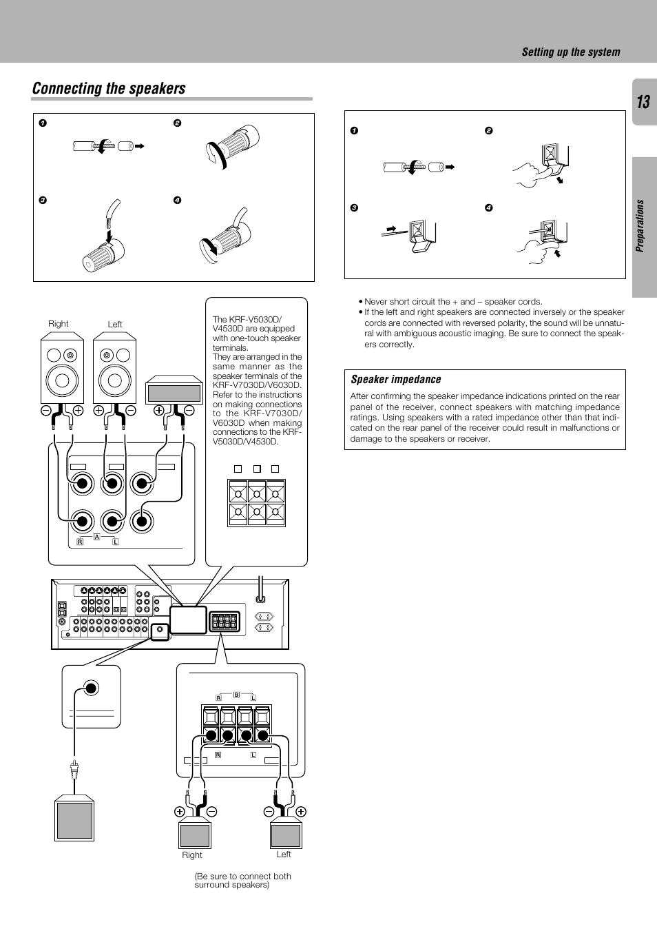 Connecting the speakers, Setting up the system, Speaker impedance | Preparations | Kenwood KRF-V4530D User Manual | Page 13 / 32