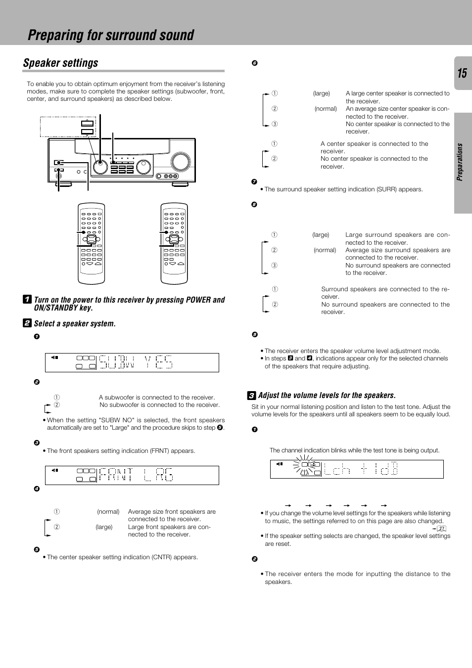 Preparing for surround sound, Speaker settings, Adjust the volume levels for the speakers | Preparations, Multi control set up multi control, Set up, Multi control power on/standby | Kenwood KRF-V4530D User Manual | Page 15 / 32