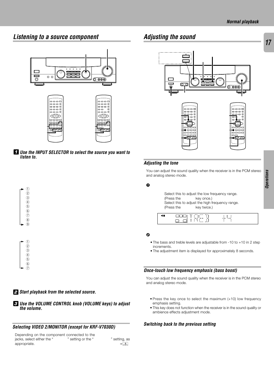 Listening to a source component, Adjusting the sound, 1listening to a source component 2 3 | Normal playback, Start playback from the selected source, Adjusting the tone, Once-touch low frequency emphasis (bass boost), Switching back to the previous setting | Kenwood KRF-V4530D User Manual | Page 17 / 32