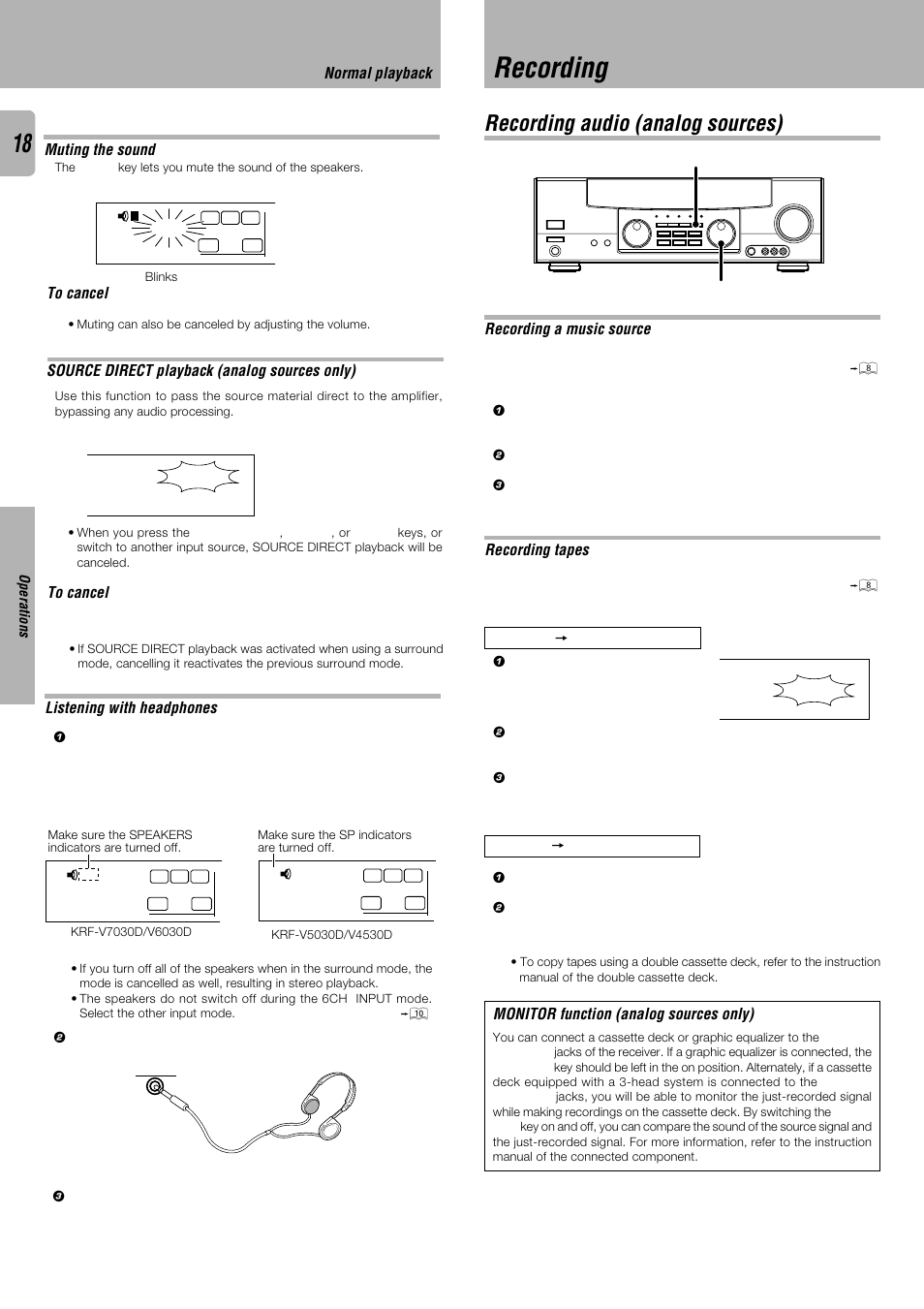 Recording, Recording audio (analog sources), Muting the sound | Source direct playback (analog sources only), Listening with headphones, Recording a music source, Recording tapes, Monitor function (analog sources only), Normal playback | Kenwood KRF-V4530D User Manual | Page 18 / 32