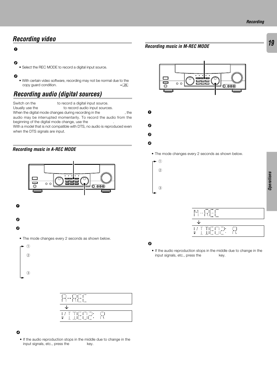 Recording video, Recording audio (digital sources), Operations | Recording, Input selector dimmer input selector dimmer | Kenwood KRF-V4530D User Manual | Page 19 / 32