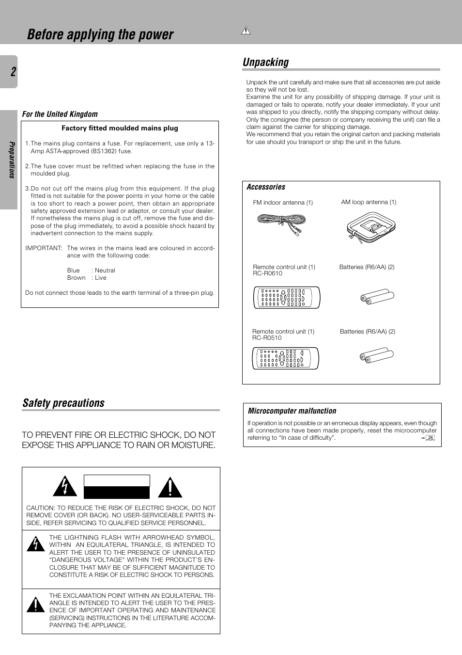 Before applying the power, Safety precautions, Unpacking | Safety precautions unpacking | Kenwood KRF-V4530D User Manual | Page 2 / 32